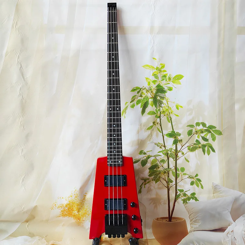 Lightweight headless electric bass, bright red and stylish look, four-string fixed pickup. Perfect for band rehearsals, rock stage performances. Shipped from local warehouse.