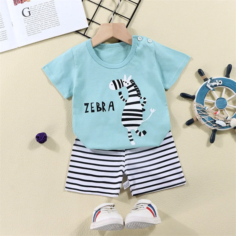 T-shirt in cotone + pantaloncini Set tuta in 2 pezzi Kid Cartoon Zebra Dinosauro Stampa Vestito estivo Bambini Ragazzi Ragazze Bambino 1-6 anni Vestiti