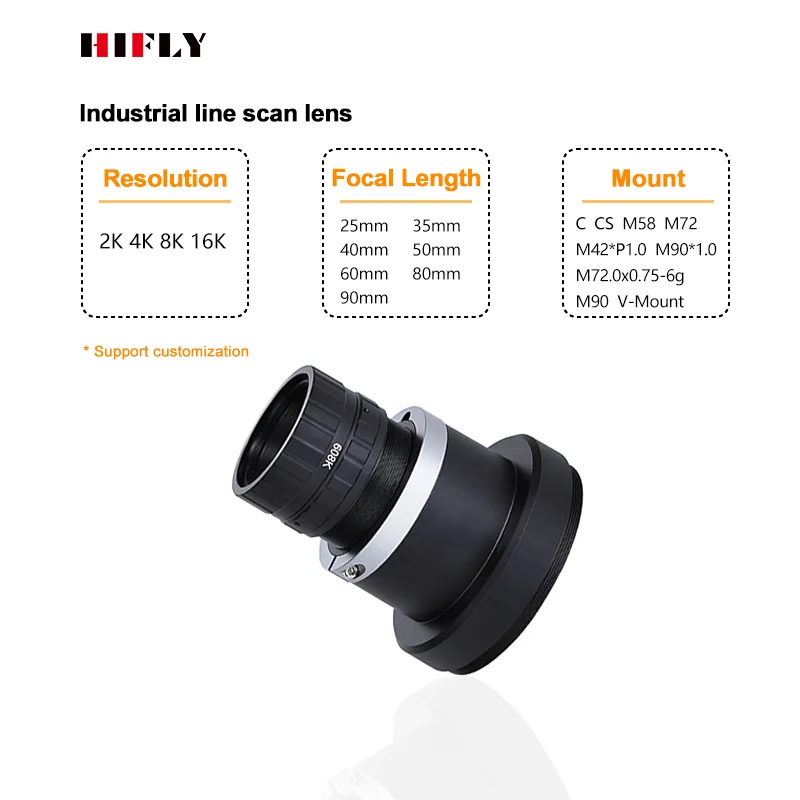 HIFLY 8K F4-22 Industrial Low Distortion M72 Mount Machine Vision Line Scan Lens