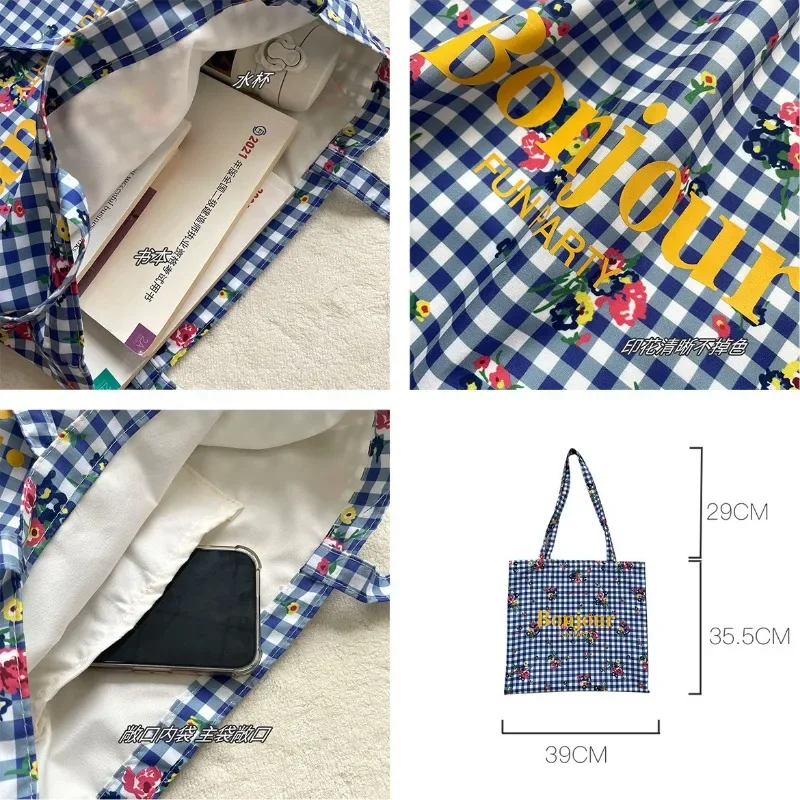 Youda New Cotton Fabric Shoulder Bag for Women Fashion Letter Plaid Pattern Handbag Large Casual Capacity Shopper Tote Bags