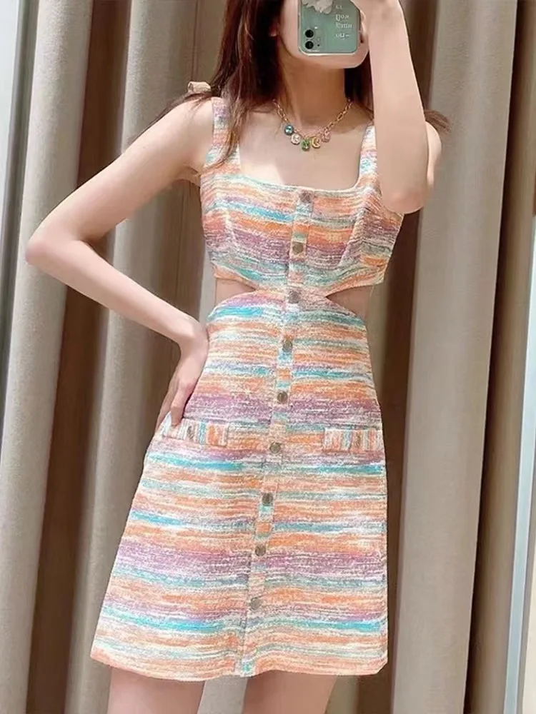 

Women's Striped Slim Sling Dress 2023 Summer New Slim Evening Party Mini Dress