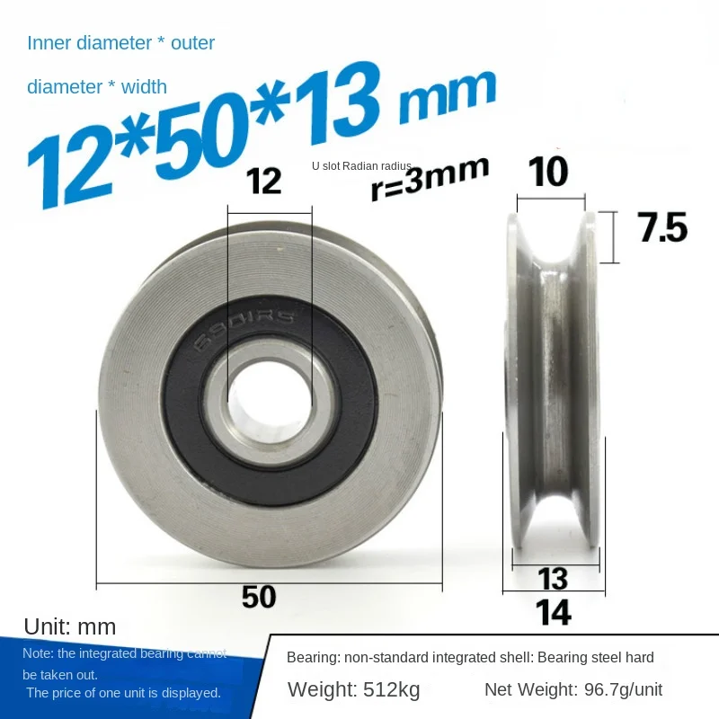 10/12*50*13mm 6301RS rodamientos de acero rodamientos, ranuras en U V fondo redondo polea de 5cm, rueda guía de 6mm, rueda de elevación de cuerda de alambre