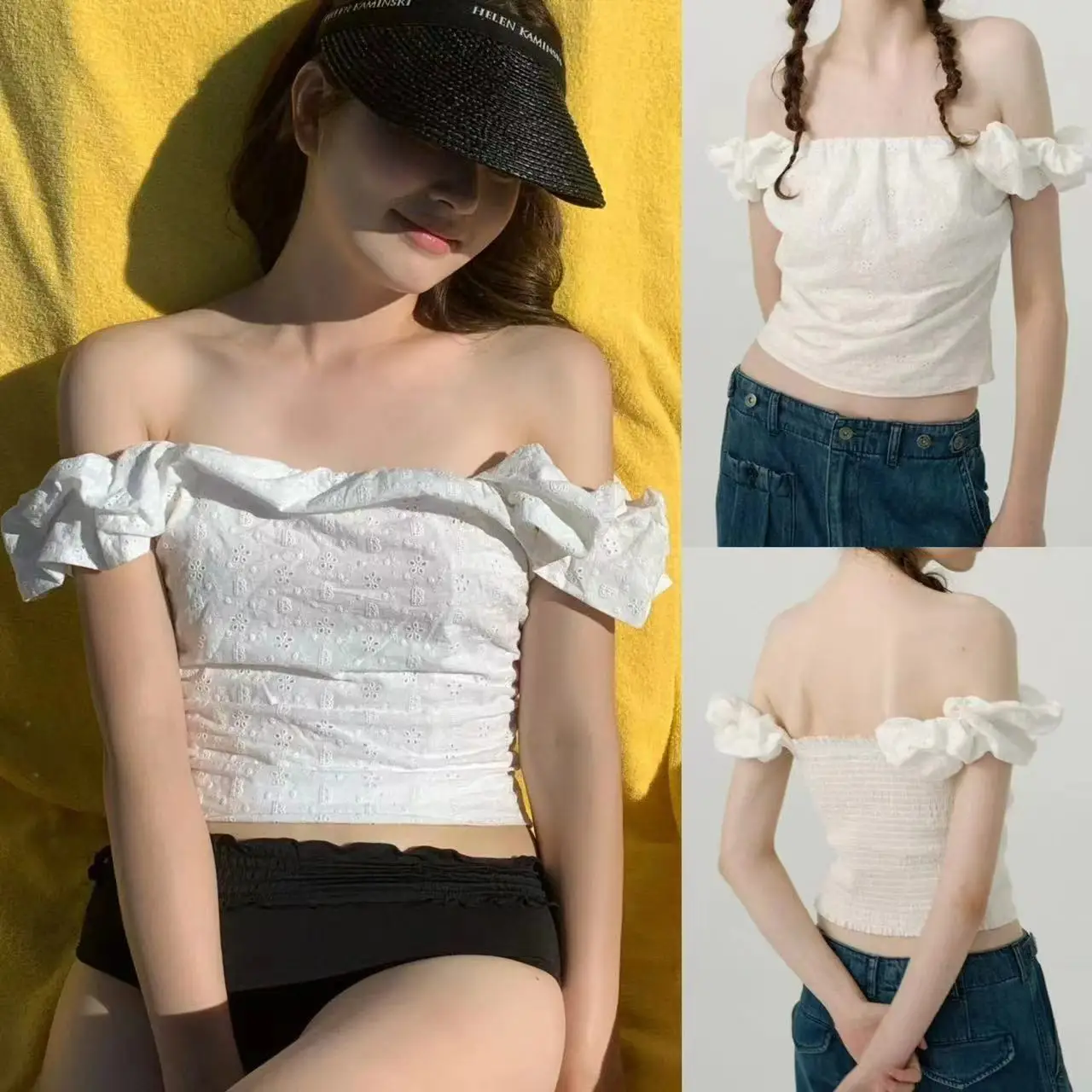 

Женская блузка TheBarnet в нежном стиле с вырезами, рукавами-фонариками и одним открытым плечом, без рукавов, из чистого хлопка, дышащая, комфортная, короткая...