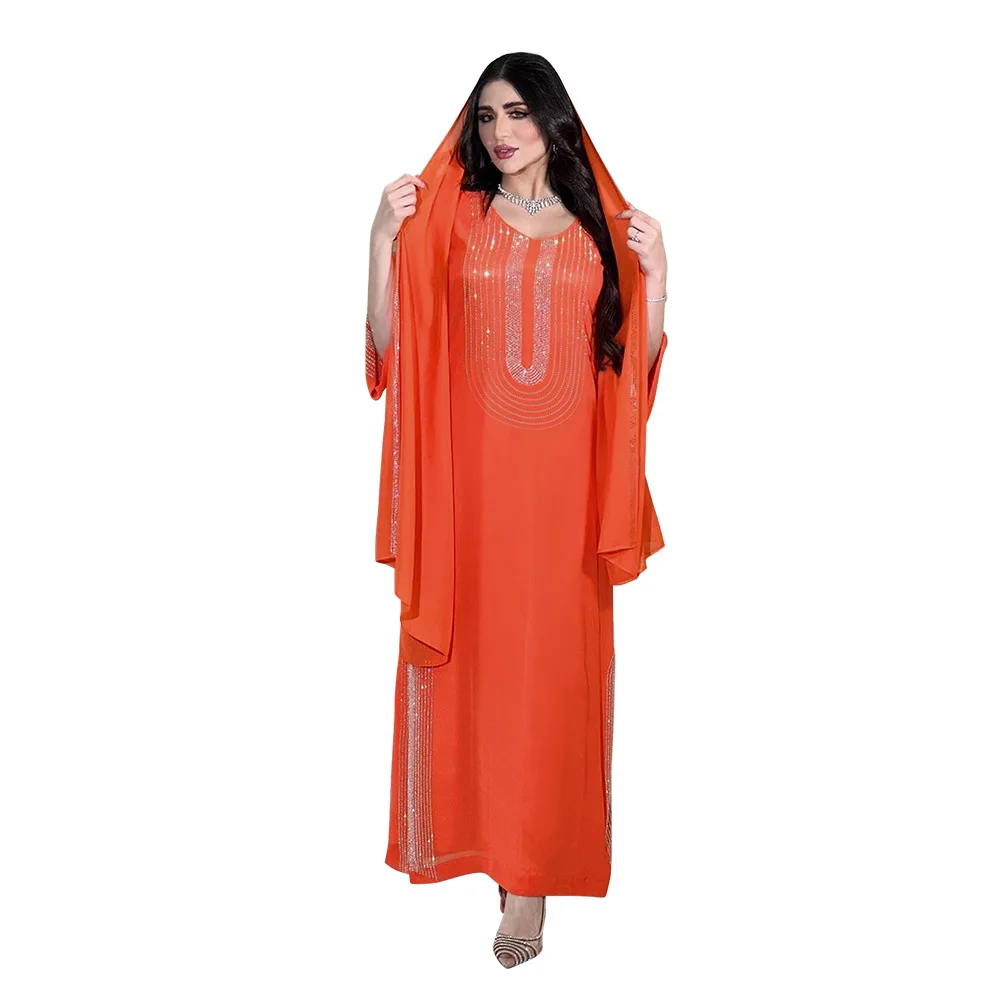 2023Purple Orange Muslim Summer Autumn Elegant Long Sleeve V-neck Polyester Long Dress Maxi Dress Muslim Fashion Dresses