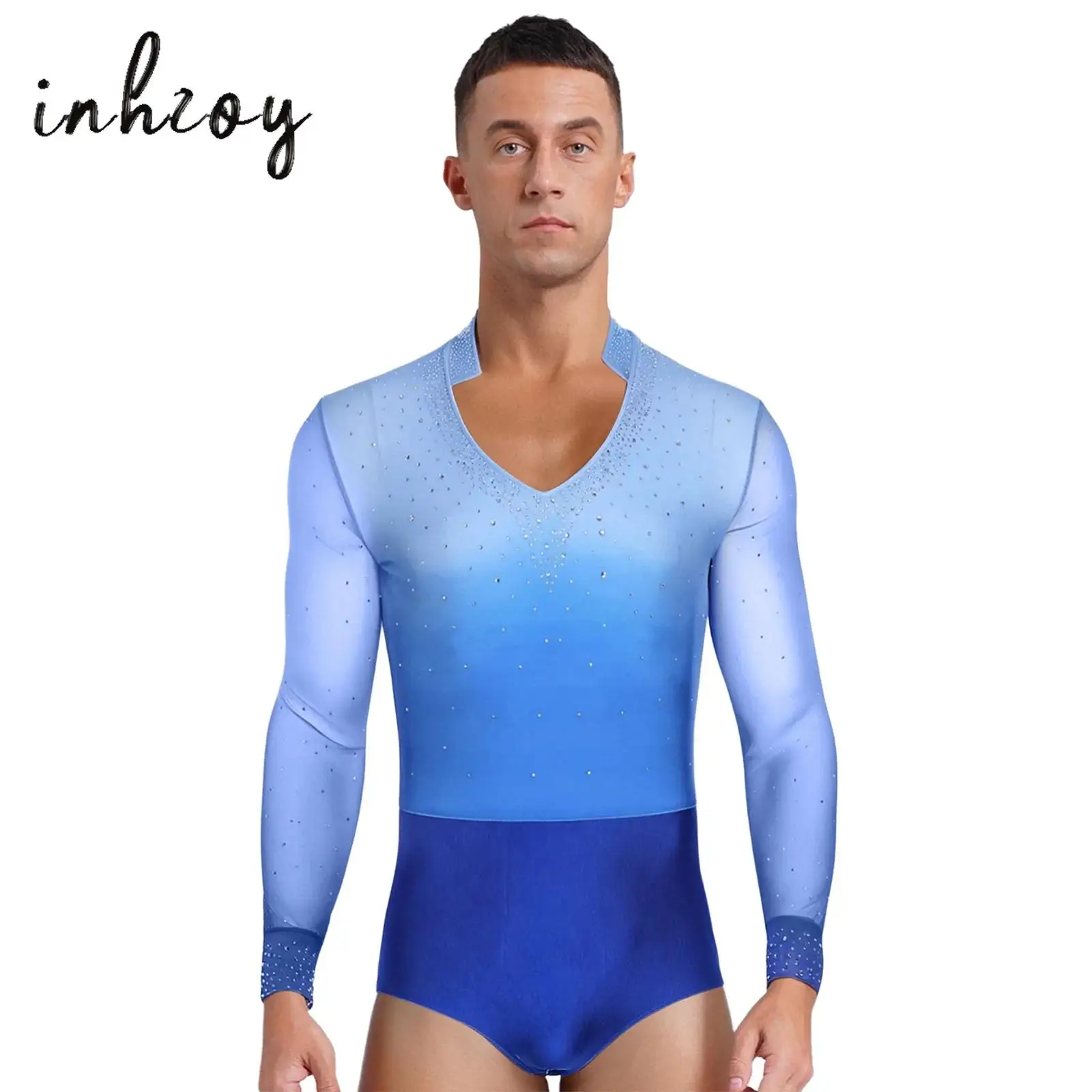 

Mens Figure Skating Leotard Gradient V Neck Long Sleeve Rhinestones Open Crotch One Piece Bodysuit for Gymnastics Ballet Dance