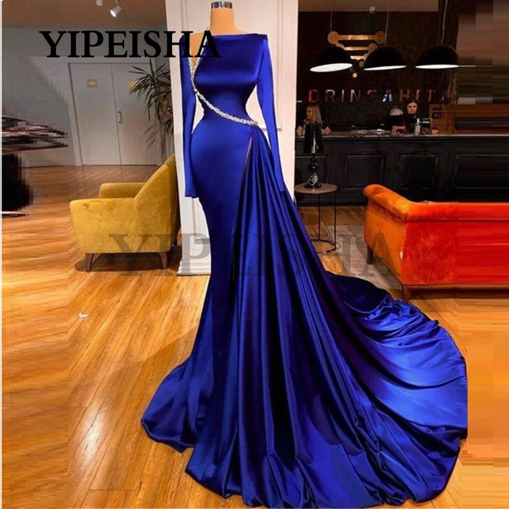 Customized Exquisite Mermaid Evening Dresses Long Sleeve Sweep Train Beading Side High Split Blue Prom Gown Robes De Soirée Vest