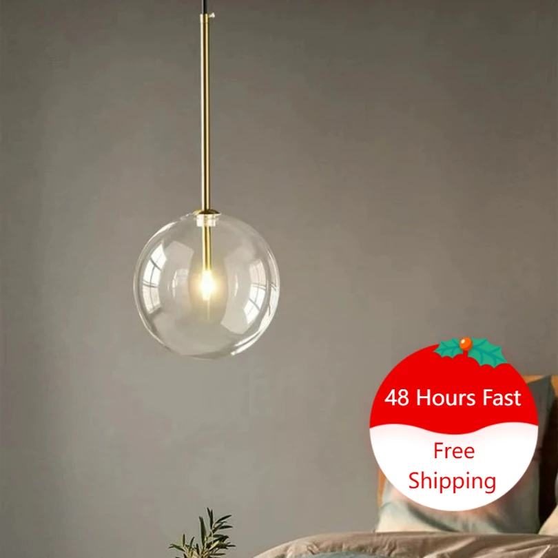 Glass Ball Pendant Light for Kitchen Island Restaurant Decoration Hanging Lamp Bedroom Bedside Ceiling Chandeliers Bubble Modern