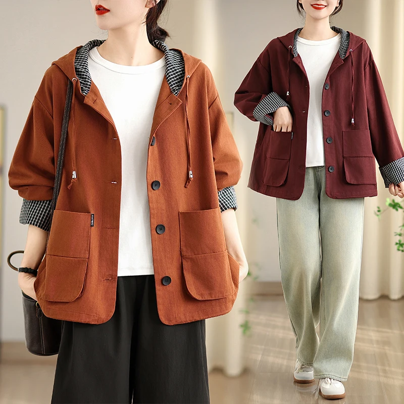 

Loose Fit Pure Cotton Long Sve Women's Jaet Casual Versatile Korean Sle Spring Autumn Plaid Patchwork Hooded Coat