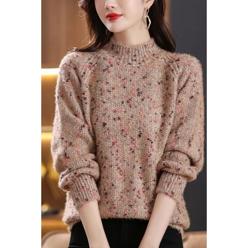 

Свитер женский осенне-зимний пуловер контрастного цвета с длинными рукавами, свободная полуводолазка, ленивый стиль, уменьшающий возраст свитер, топ