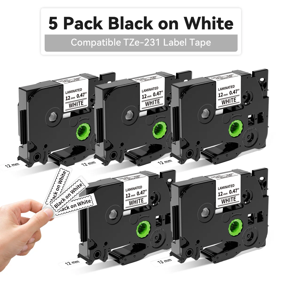 5Pack 6/9/12mm TZe-231 White Lamination Labels Tape Compatible for Brother P-touch PTH110 Printer TZe221 TZe211 Tze Tape Label