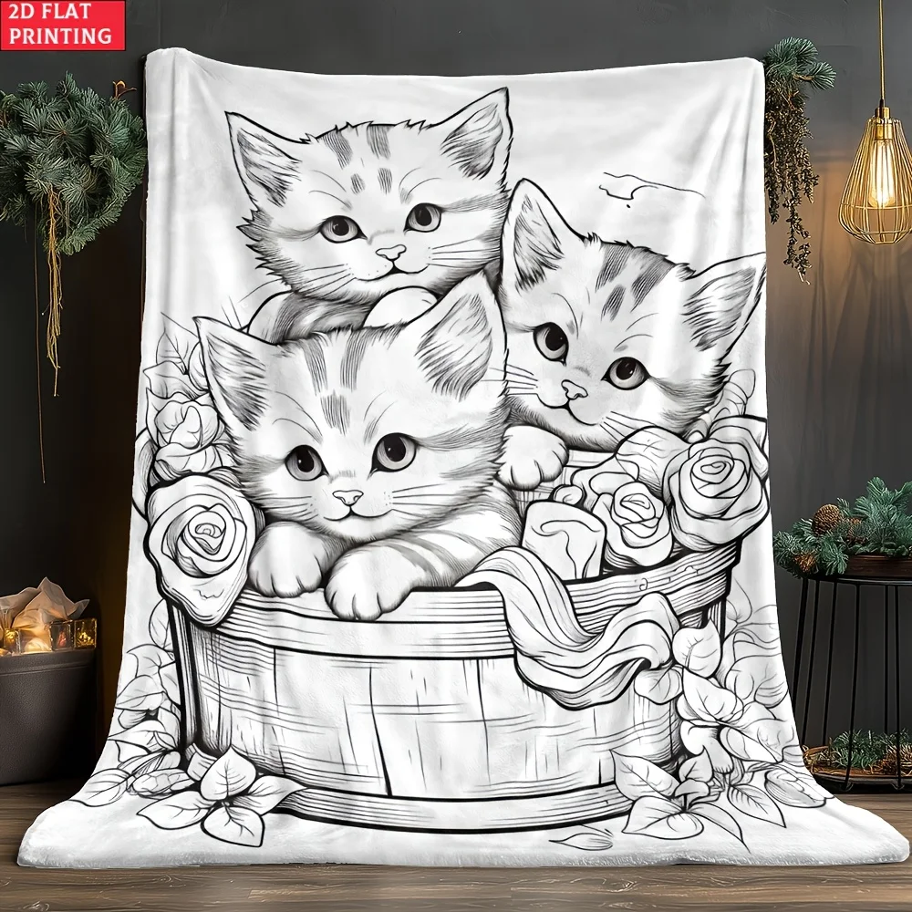 Cute Kittens Rose Basket Line Art Animal Flannel Blanket Lightweight Warm Throw Blanket Bedroom Sofa Camping Home Wall Ornament