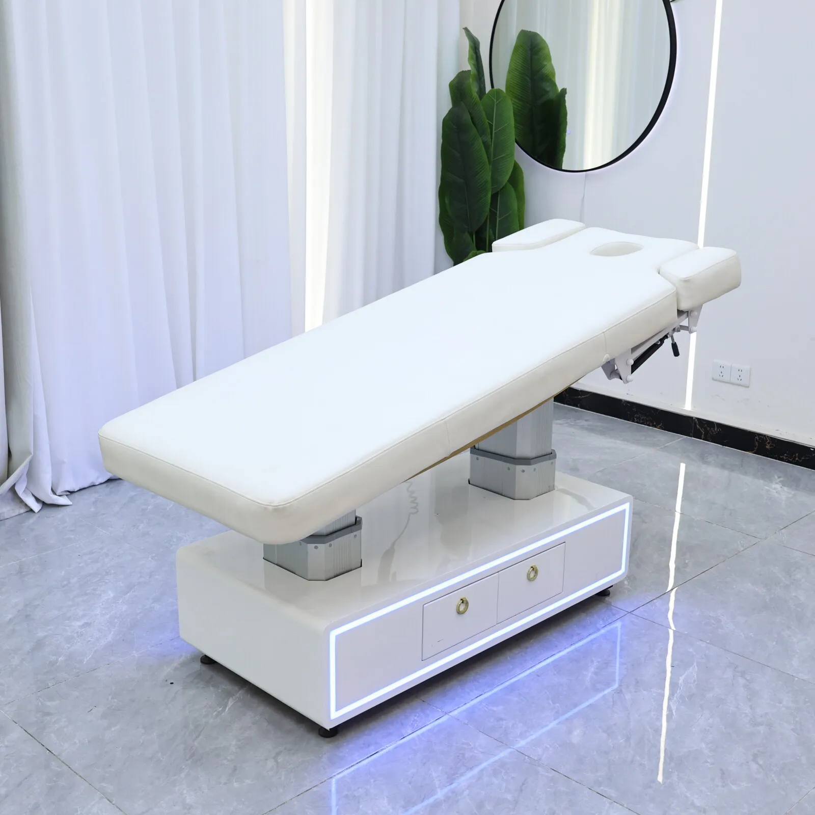 Electric Massage Bed Adjustable Facial Beauty Bed LED Light Storage Drawers 4 Motor Lift Wooden Frame PU Leather Spa Salon Table