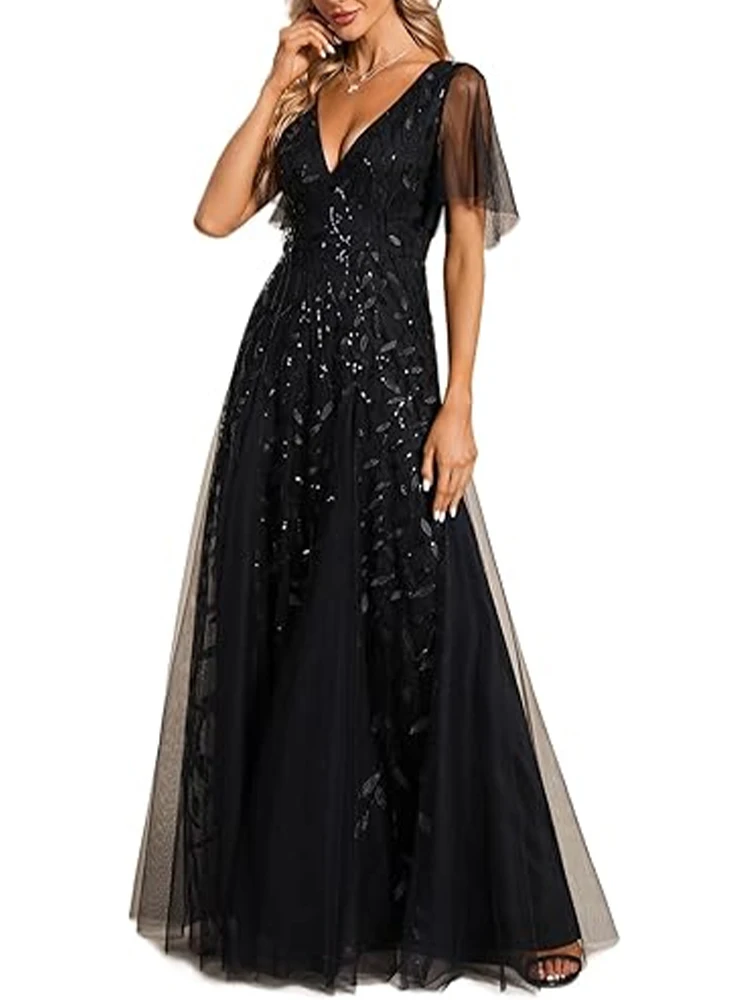 Women's Sequin Glitter V Neck A-Line Short Sleeves Extra Long Ruffle Sleeves Evening Gown Formal Embroidery Applique Party Dress