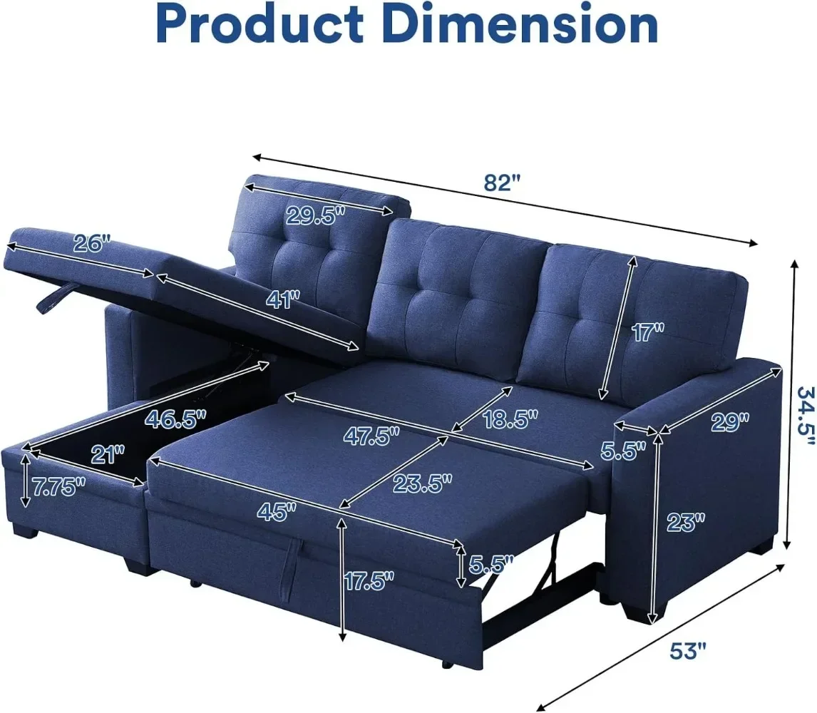 4-in-1 Convertible L Shaped Couch with Pull Out Bed and Storage, Sectional Sleeper Sofa with Reversible Chaise for Living Room