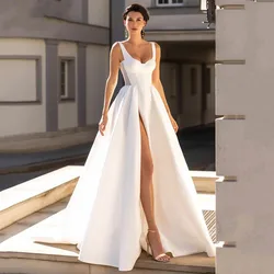 Aviana Modern Square Neck Spaghetti Straps A-Line Wedding Dress For Women High Slit Sleeveless Satin Vestido De Novia