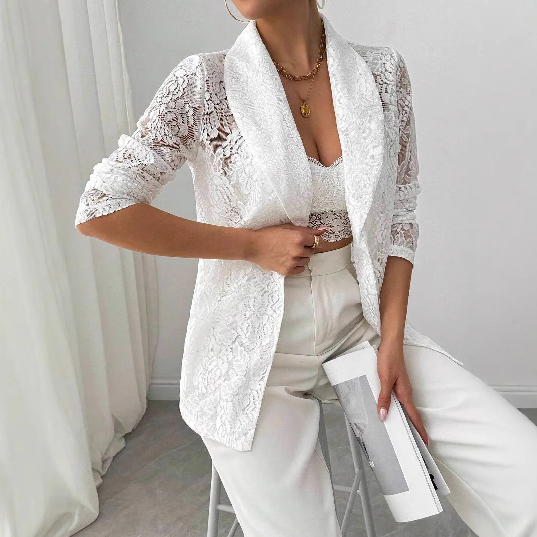 

Women's Slim Fit White Blazer 2025 AW New Lace Embroidery Fashion Casual Elegant Office Daily Autumn Winter Trendy Outerwear
