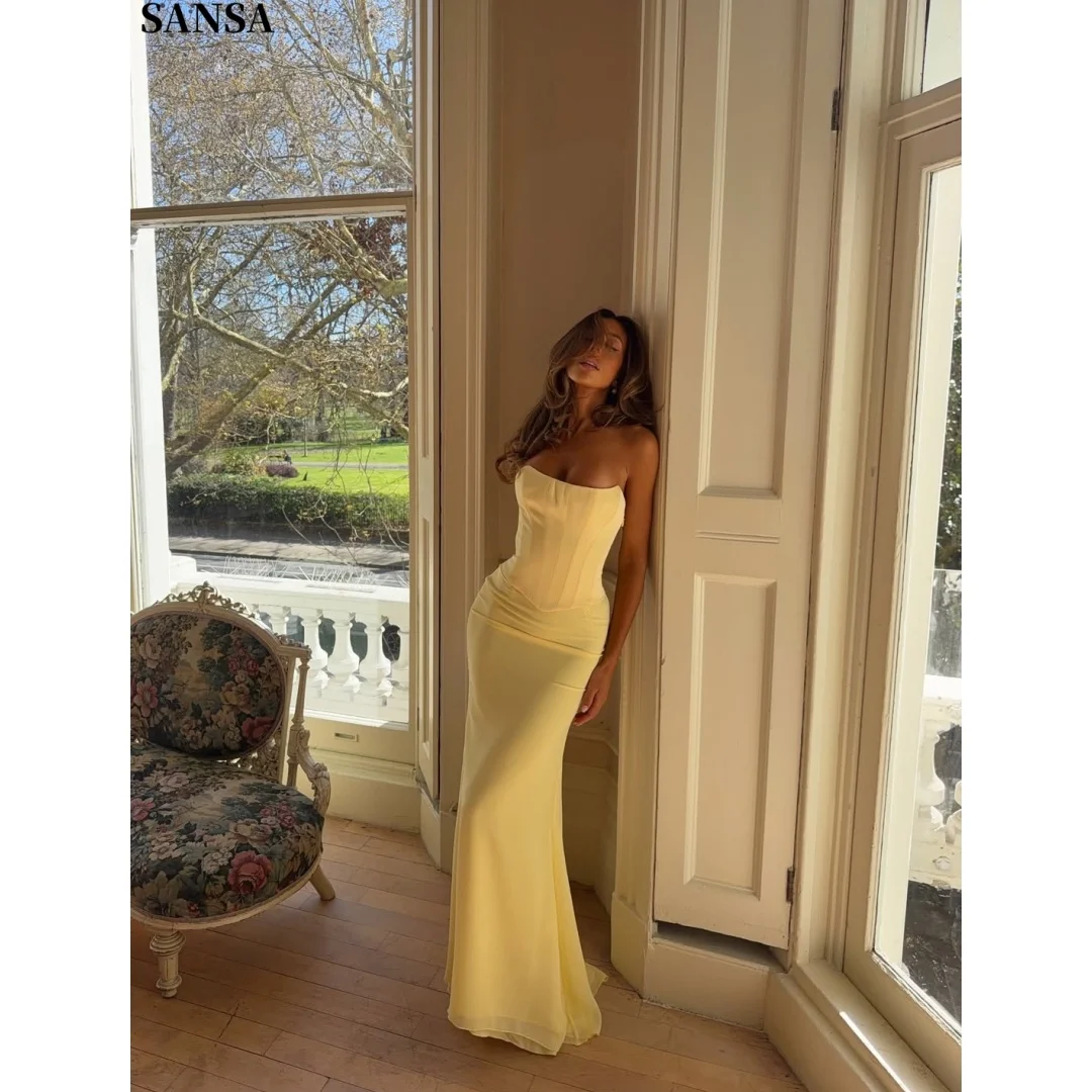 Sansa Customized Elegant Butter Yellow Prom Dresses Strapless Mermaid Corsetvestidos de noche Ankle-Length Formal Evening 2026