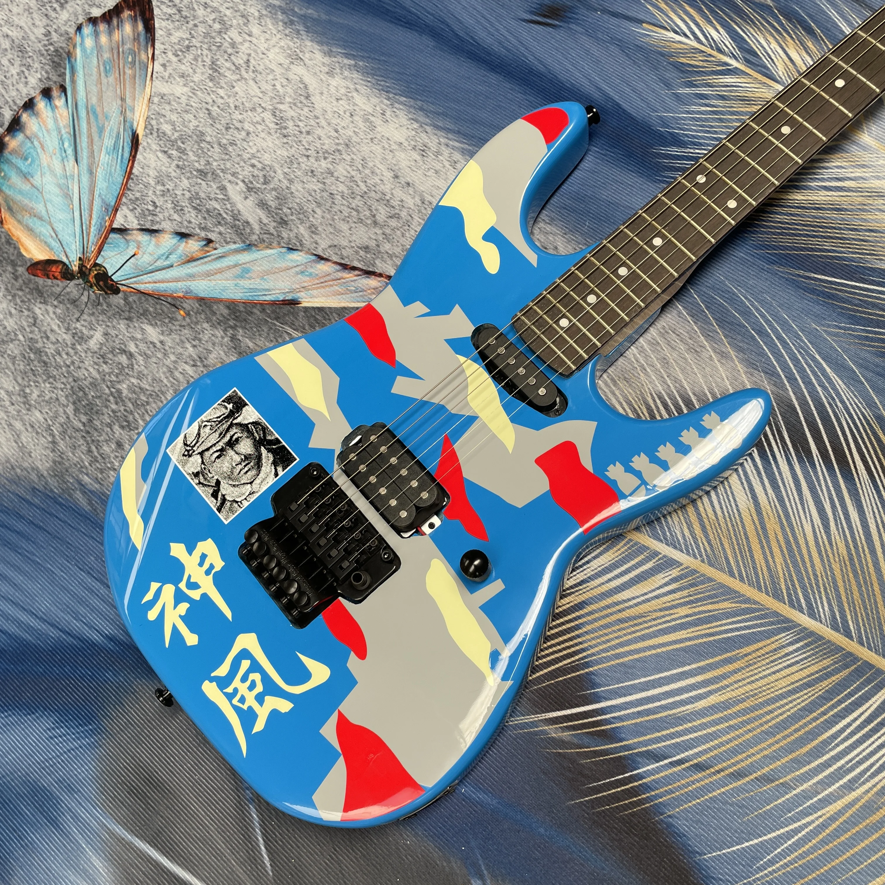 

6-string blue camo electric guitar,double-locking tremolo system,rosewood fingerboard guitars, professional performance guitarra