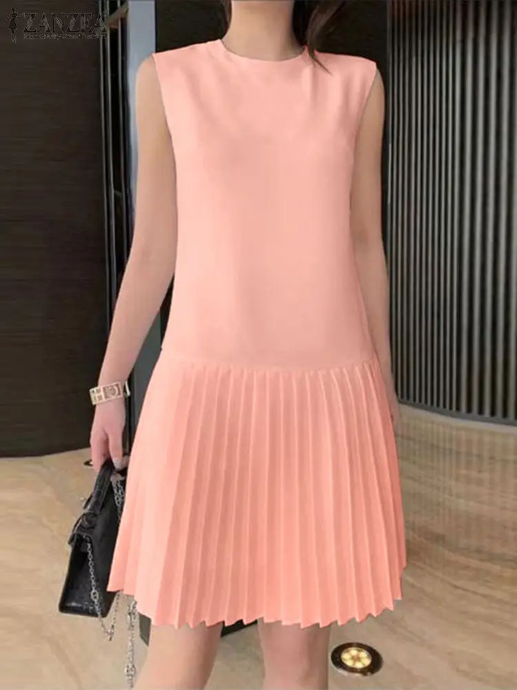 ZANZEA Letnia damska mini sukienka bez rękawów 2024 Elegancka impreza Tank Vestidos Ladies Casual Solid Color Plisowana krótka sukienka Sundress