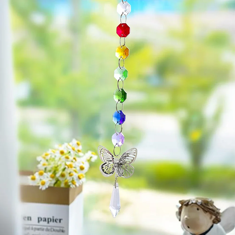 2pcs Rhinestone Butterfly Suncatcher Hanging Rainbow Garland Crystal Icicle Prism Pendulum Bead Chain Sun Lover Christmas Decor
