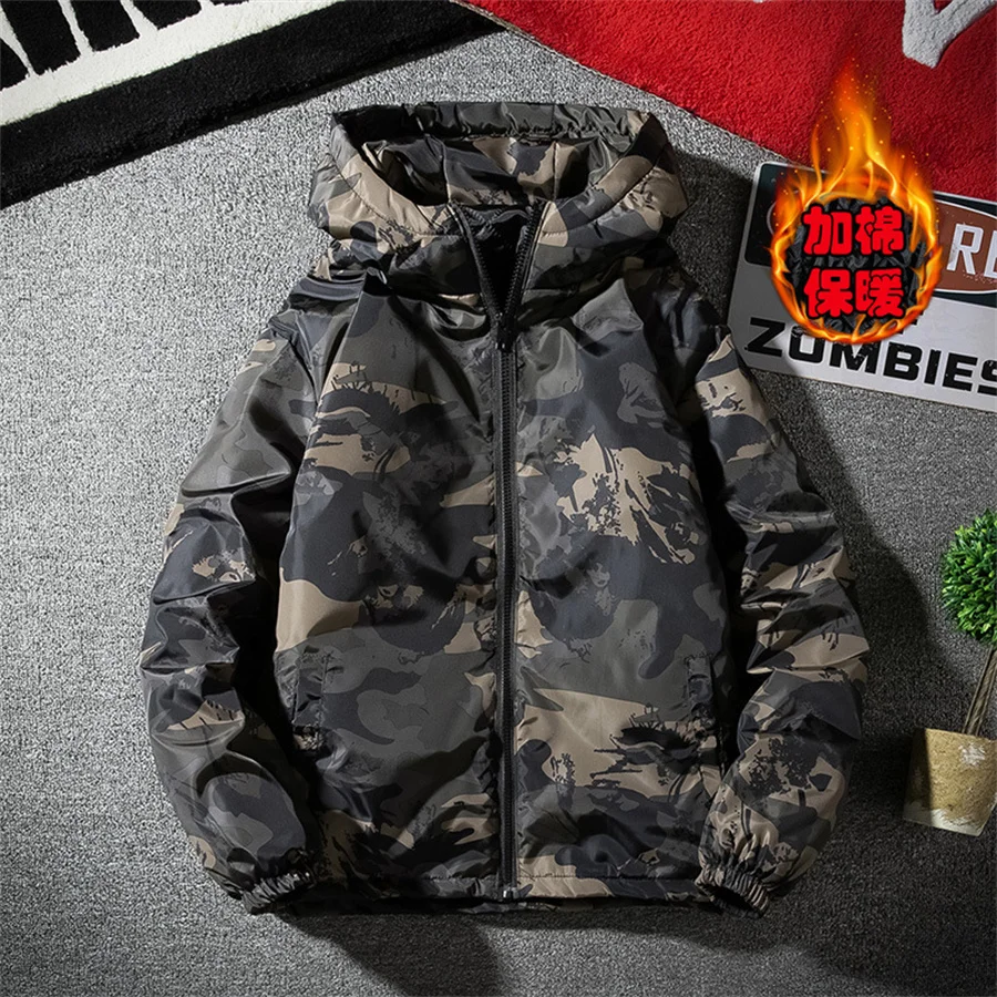 Camouflage Heren Jassen Winter Katoenen Gewatteerde Jas Dikke Warme Capuchon Bovenkleding Heren Casual Losse Streetwear Herenkleding