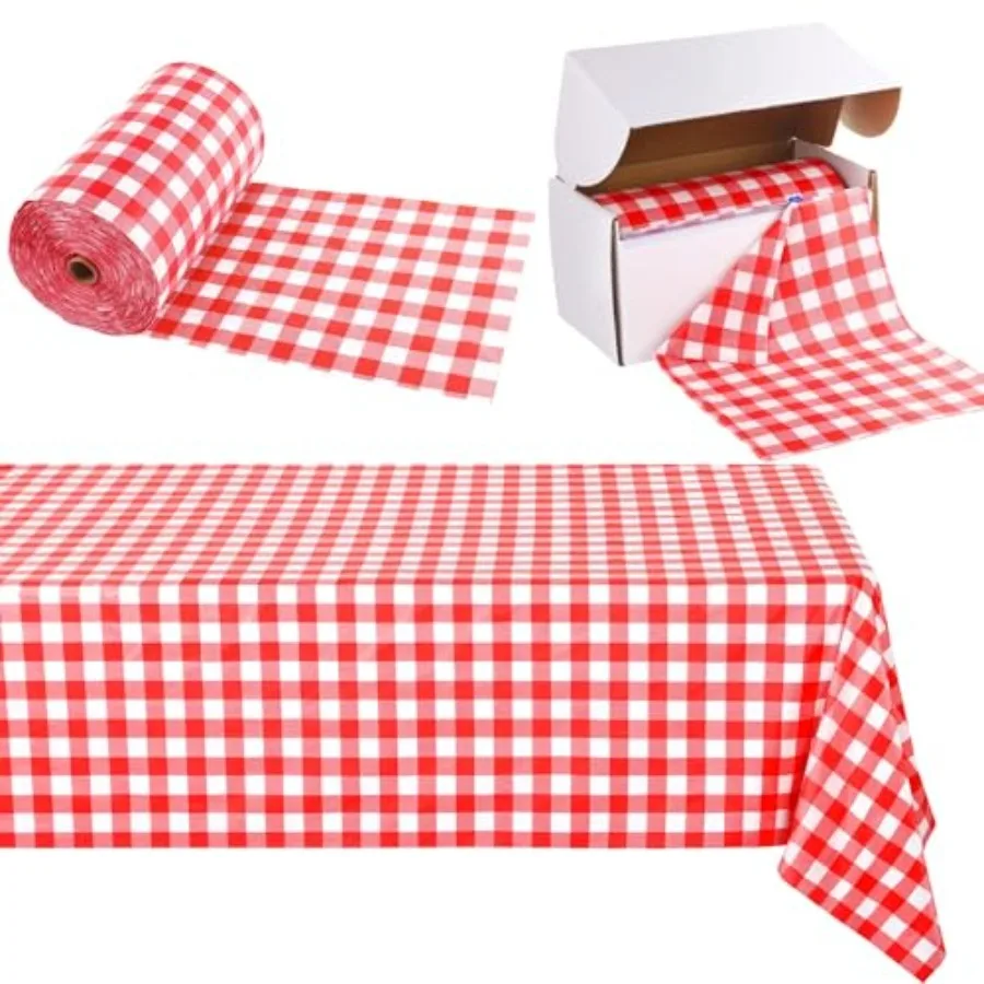 

Red Checkered Plastic Table Cloth Roll Disposable Waterproof Table Cover Plastic Table Cover Roll with Easy Slide Cutter for Ou