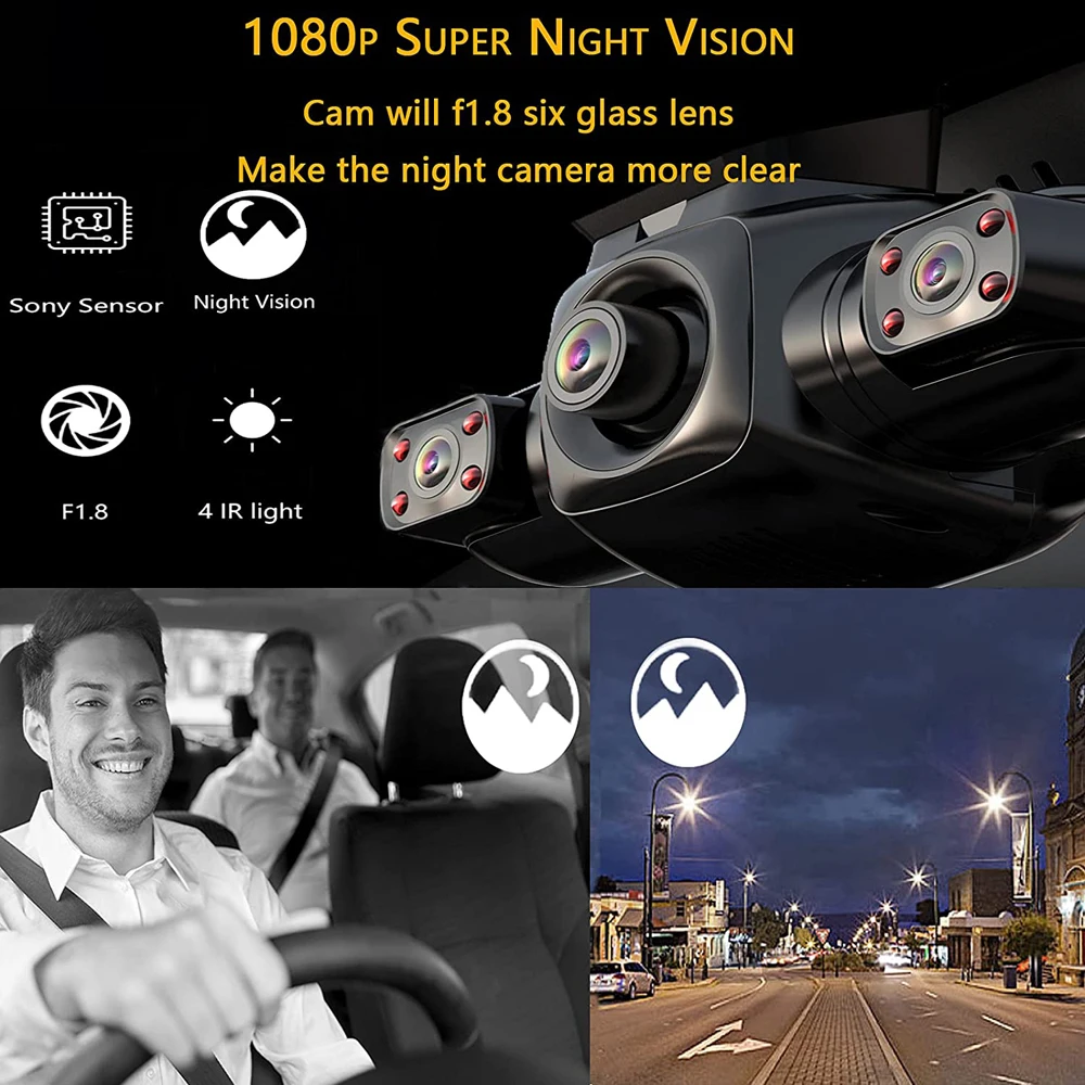 3 كاميرات WIFI Dash Cam للسيارات، كاميرا أمامية وداخلية 1440P + 1080P * 2 مسجل فيديو رقمي للسيارة، عرض 360 درجة IR للرؤية الليلية مسجل فيديو