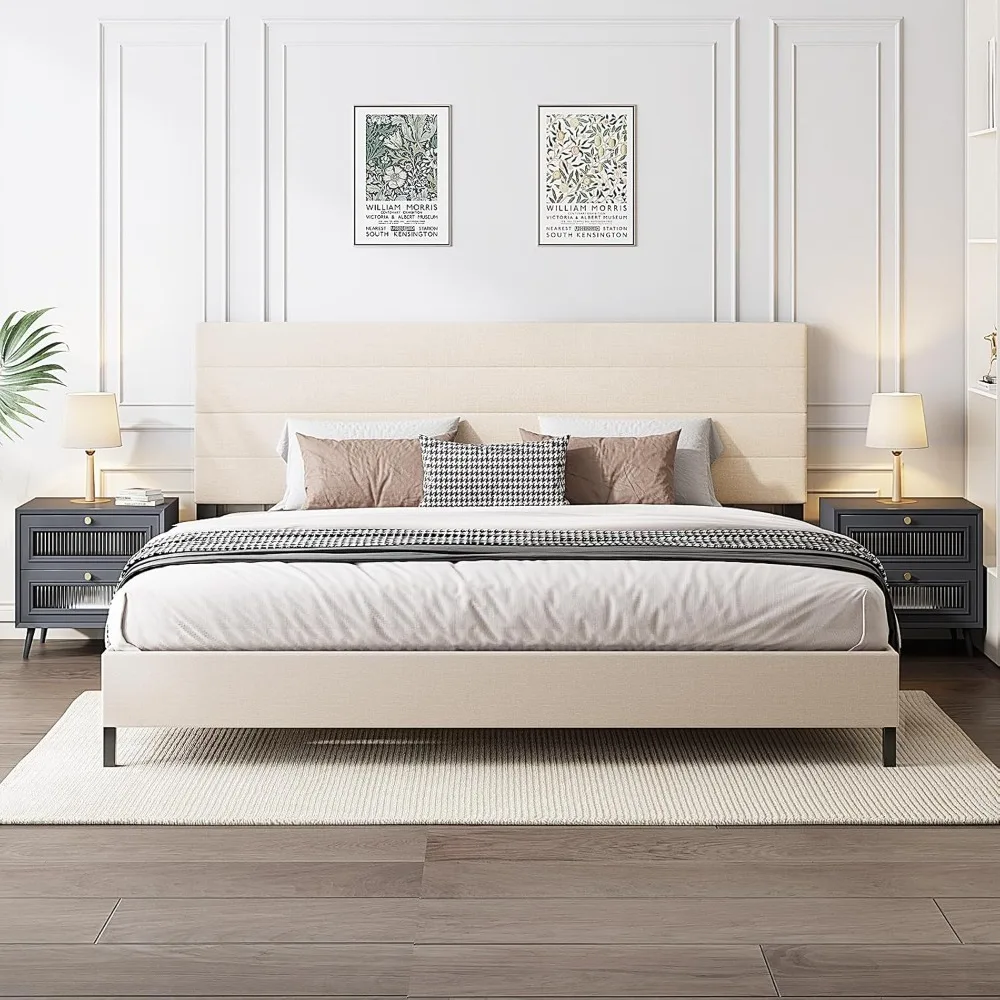 

Extra Large Bed Frame, Modern Cushioned Bed Frame, Extra Large Bed with Adjustable Linen Headboard
