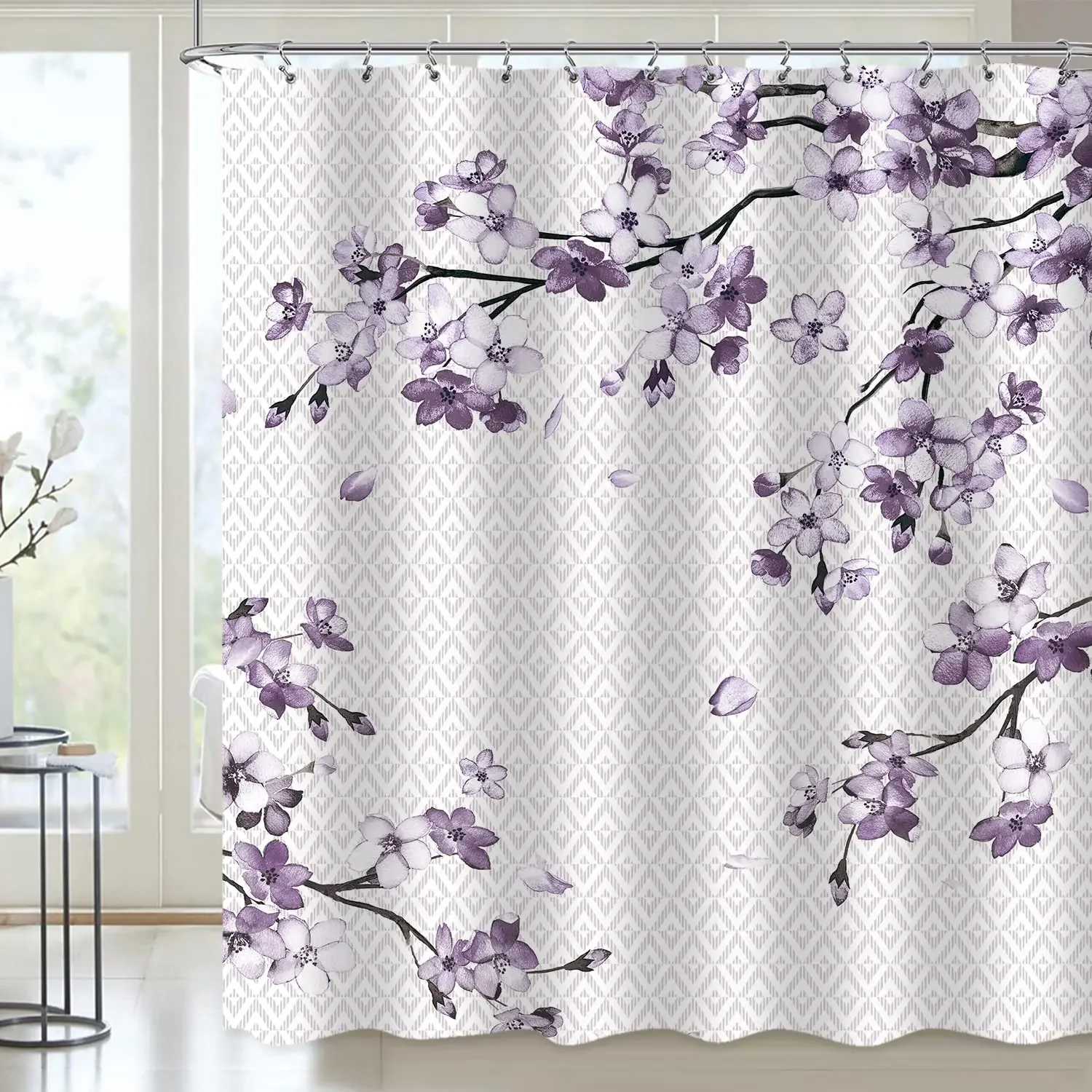 Pink Cherry Blossom Shower Curtain Retro Floral Sakura Plum Blossom Blooming Flower Spring Flower Geometric Bathroom Accessories