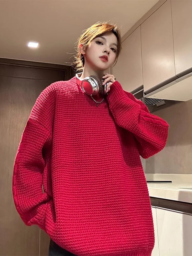 

Красный вязаный свитер для мужчин, оверсайз, осень-зима, американская повседневная вафли с рисунком, новогодняя модная повседневная одежда