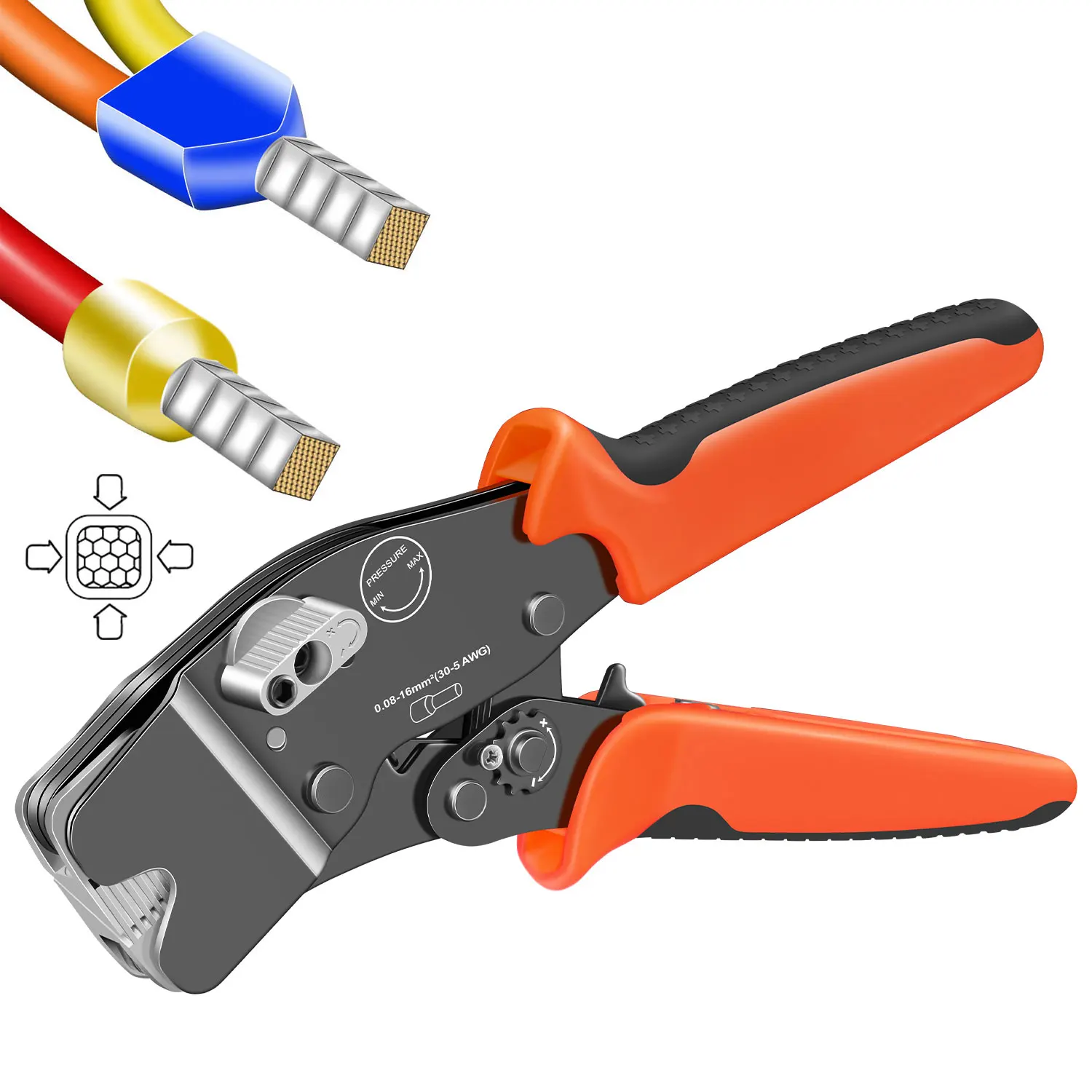 Alicate Crimpador de Terminais Tubulares SJ-305C para Fios 0.08-16mm²/30-5AWG com Botão de Ajuste para Controle de Aperto Elétrico