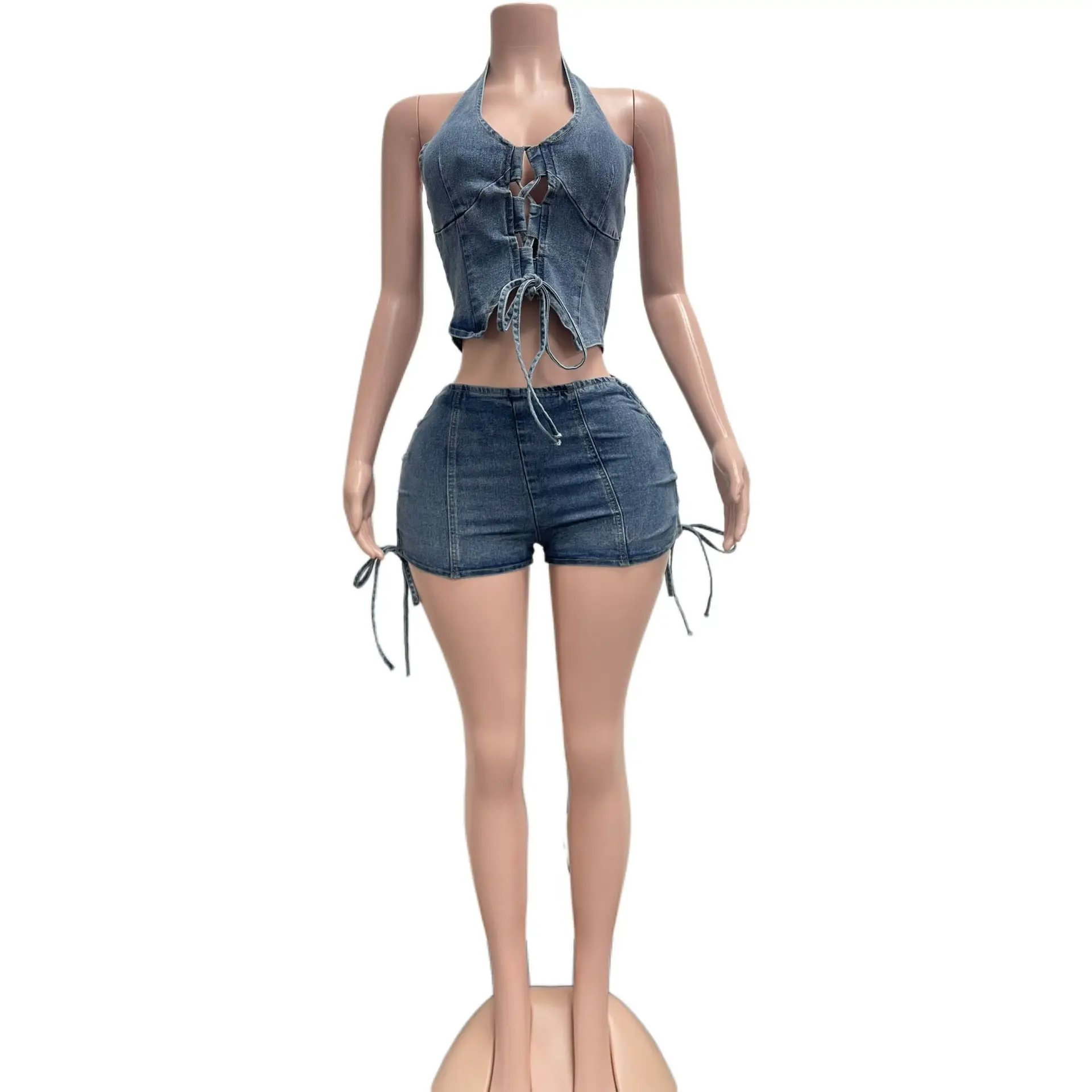 Halter Tie High-Stretch Washed Denim Casual Women's Two-Piece Set