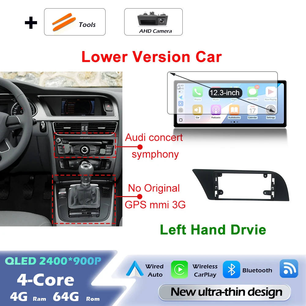 Android 16 draadloze Carplay autoradio multimediaspeler GPS navigatie ultradunne scherm DSP stereo WiFi voor Audi A4 B8 A5 2009 - 2016
