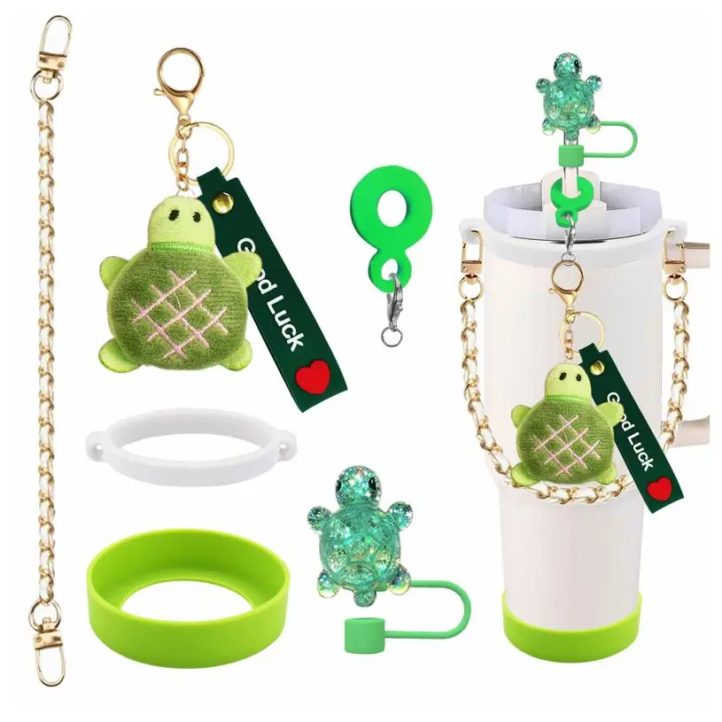Cute Turtle Theme Cup Accessories Set - Water Bottle Handle Strap Silicone Cup Boot Resin Turtle Straw Cover And Cute Key