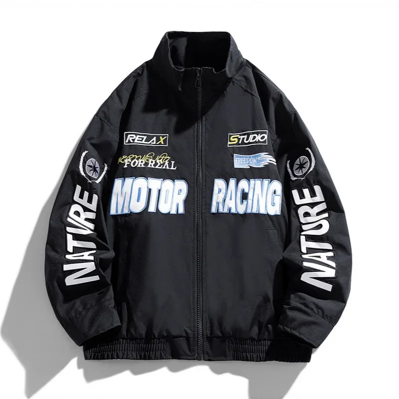 

Autumn Men Jacket High Street Letter Embroidery Motorcycle Punk Male Coat Stand Collar Long Sleeve Zipper Oversize Man Outerwear