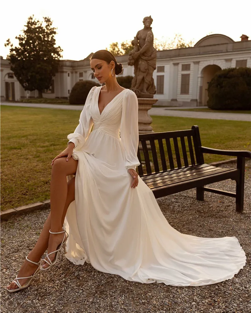 Boho Chiffon Long Sleeves A Line Wedding Dresses Custom Made Sweep Train vestidos de noiva modernos 2023