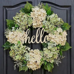 40cm Artificial Hydrangea Wreath Home Garland Front Door Decoration Wall Background Christmas Decor Hello Wreath Outdoor Decor ﻿