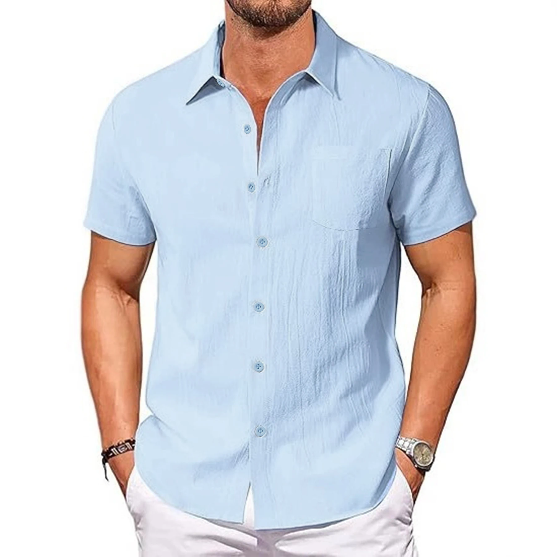 Sommer Neue Baumwolle Leinen Hemd für Männer Atmungsaktive Leichte Drehen Unten Kragen Männlich Stilvolle Kurzarm Shirts Mode Kleidung