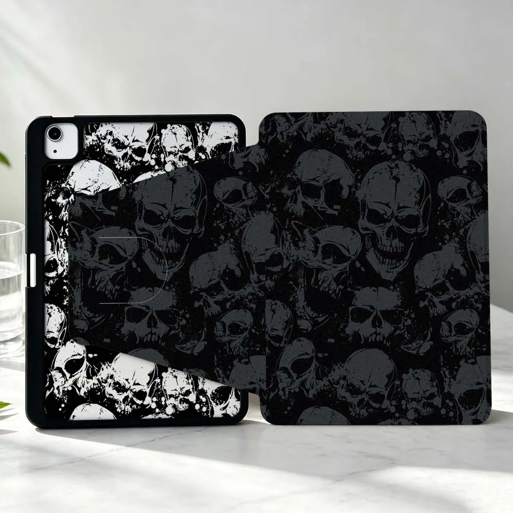 Black Skull Pattern For iPad Pro Air mini 6 5 4 12th M5 M4 M3 M2 A16 A17Pro 360° Rotation Stylus Storage Tablet Case Soft