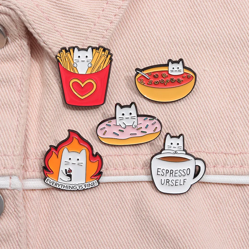 Cute Cartoon Food Cat Enamel Brooch Creative Animal Espresso Urself Fries Donut Kitten Lapel Pin Badge Gift For Kid Friend