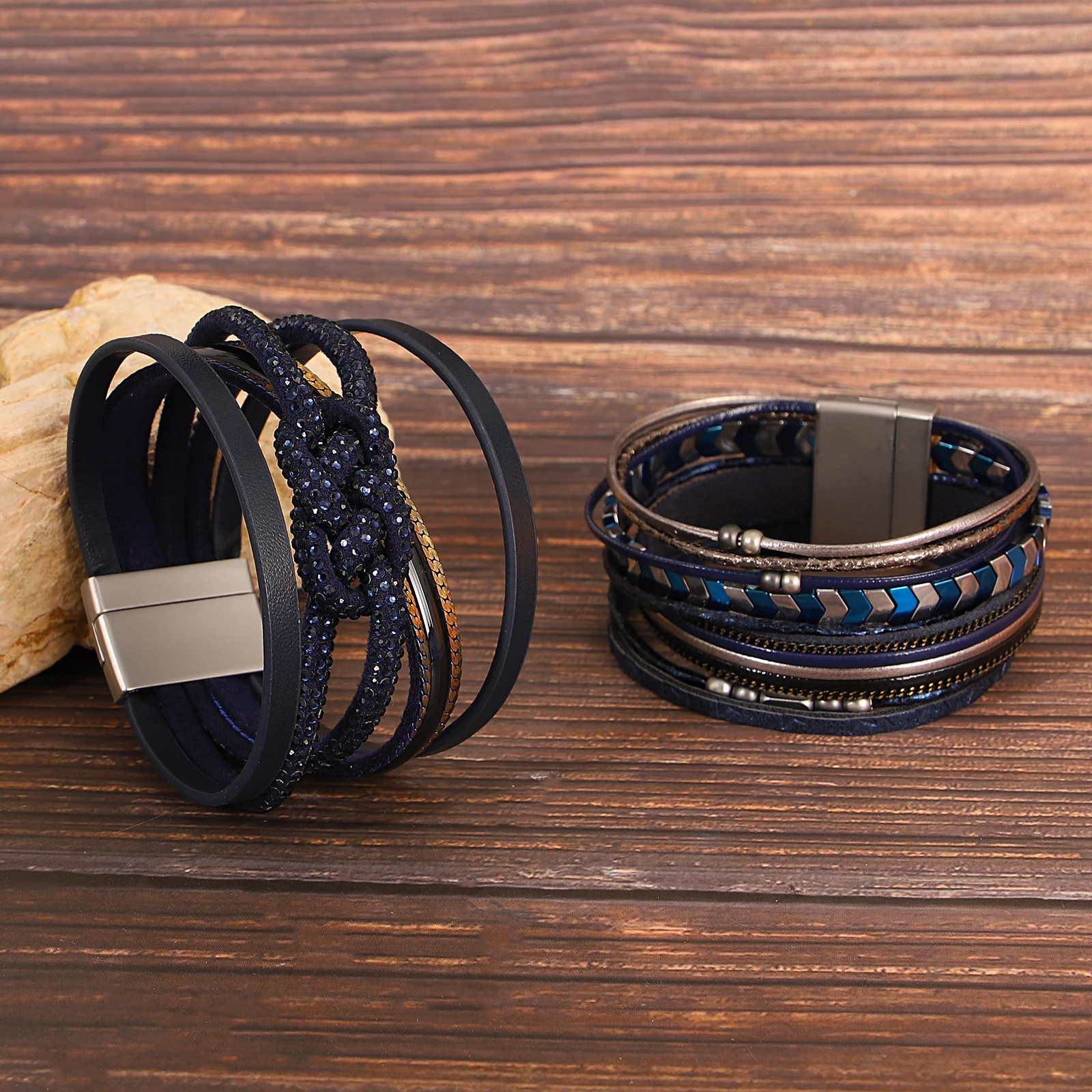 

Amorcome Elegant Metal Bead Woven Leather Bracelet for Women Multilayer Rope Chain Blue Bracelet Bangle Daily Hand Jewelry