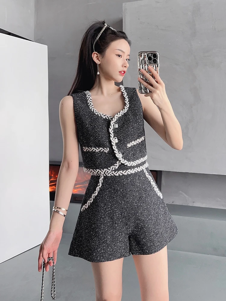 

Handmade Lace Trim Cotton Lightweight Hepburn Series Fashion Set Short Sleeve Vest Shorts Fragrance Style Women's Summer Outfit