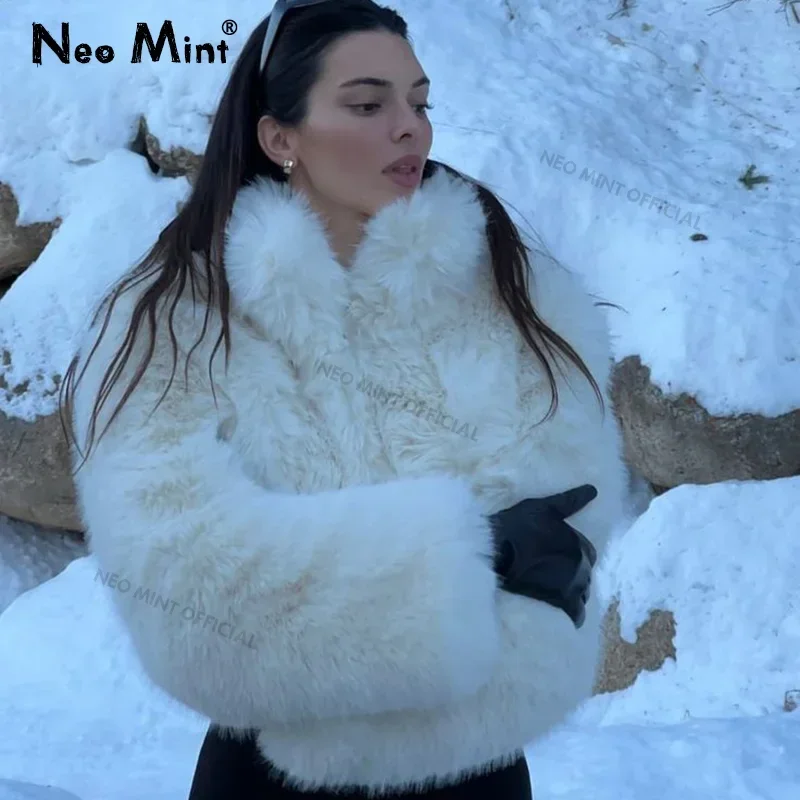 Neo Mint Brand Iconic Fashion Kendall Jenner Snow White Fox Fur Jacket Women Winter Fluffy Warm Faux Fur Coat Girls Streetwear