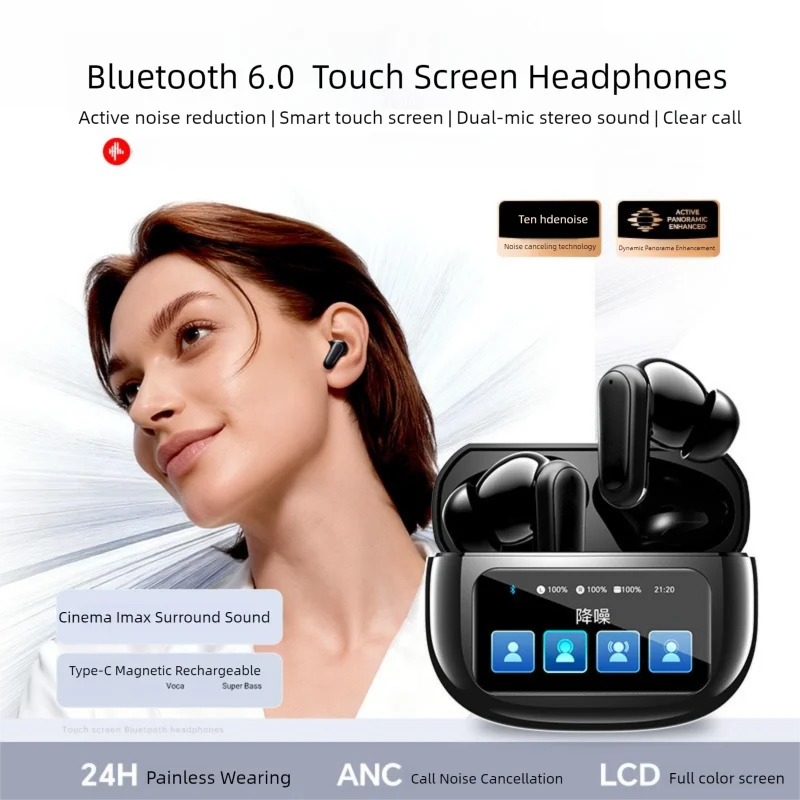 

Active Noise Cancelling Bluetooth 6.0 TWS Wireless Earphones LCD Full Color Screen in Ear Painless Wearing Rechargeable Headset