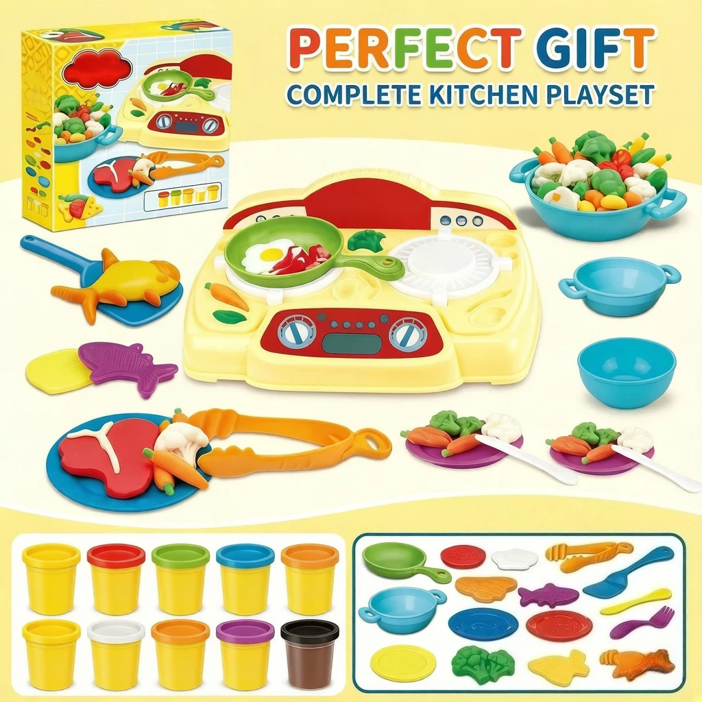 Colorful Pretend Kitchen Playset with play dough & tableware, multi-functional cooking toy, educational gift for kids