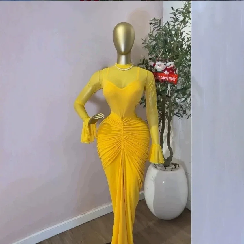 Schickes 2026 INS Mesh Plissee-Maxikleid für Damen, schmal geschnitten, hohe Taille, figurbetont, elegantes Kleid, Spleiß-Langarmkleid, Y2K