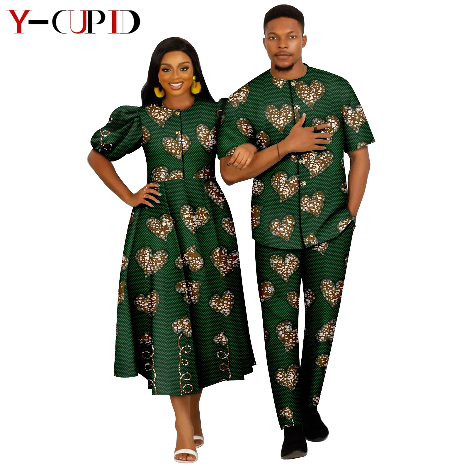 African Print Dresses for Women Matching Couples Clothes Dashiki Men Outfit Bazin Riche Top Shirt and Pant Sets 24C074