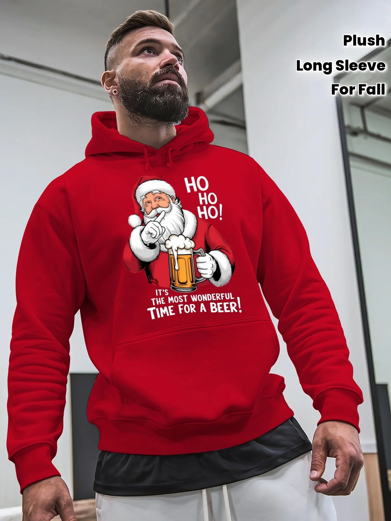 

Men'S Festive Santa Graphic Plush Hoodie - Cozy Winter Sweatshirt with "HO HO HO" Design, Long Sleeve Casual Pullover for Fall &