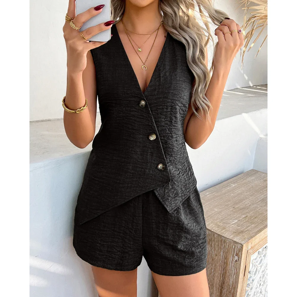 Casual Solid Color Button Cardigan Vest Shorts Set For Women Comfortable Fit Suitable For Spring Summer Autumn