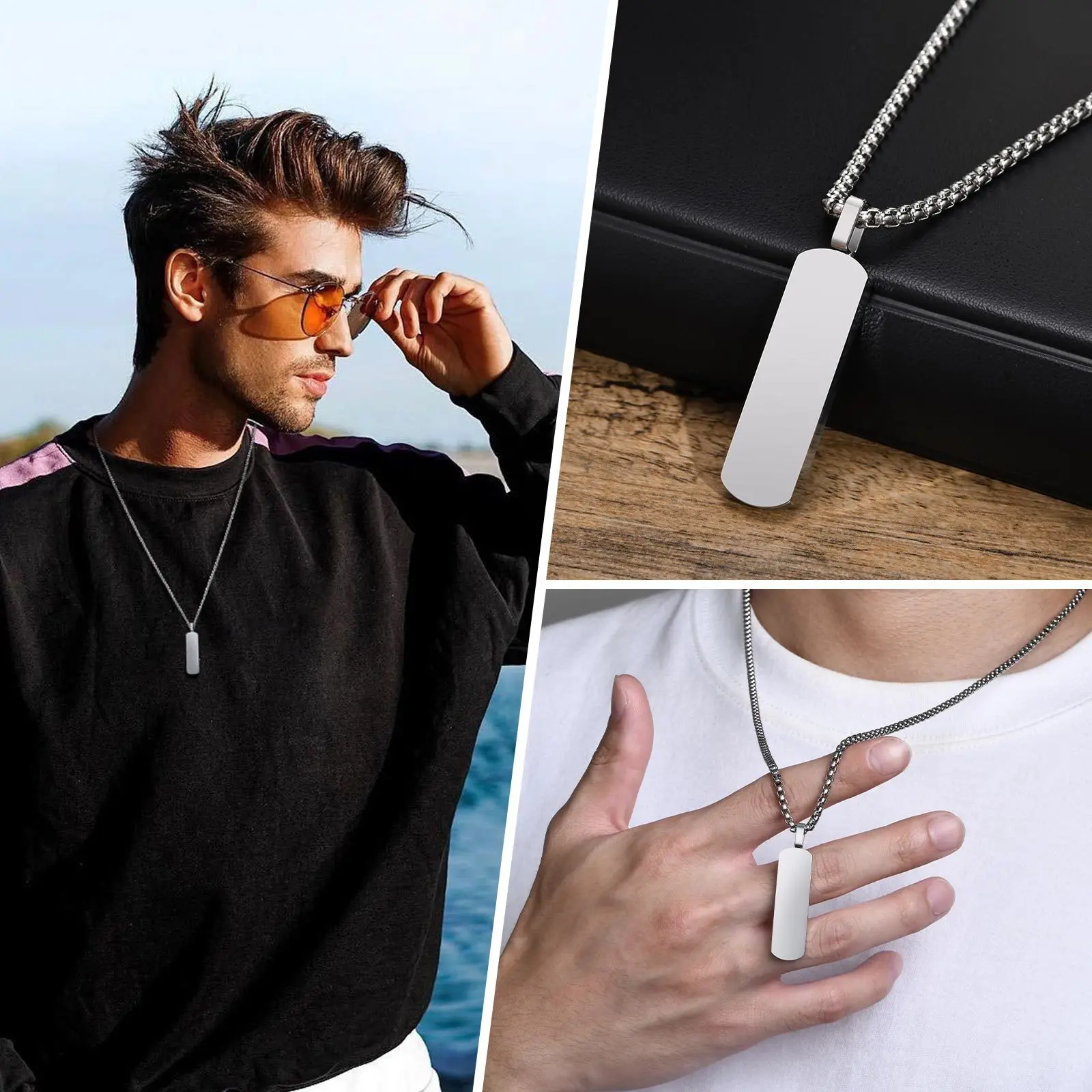 Vnox Simple Vertical Bar Necklace for Men, Anti Allergy Stainless Steel Geometric Rectangle Dog Tag Pendant Collar,Gifts for Him
